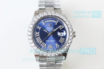 N9 Swiss Rolex Presidential Day-Date II Replica Watch Diamond Bezel SS Blue Dial